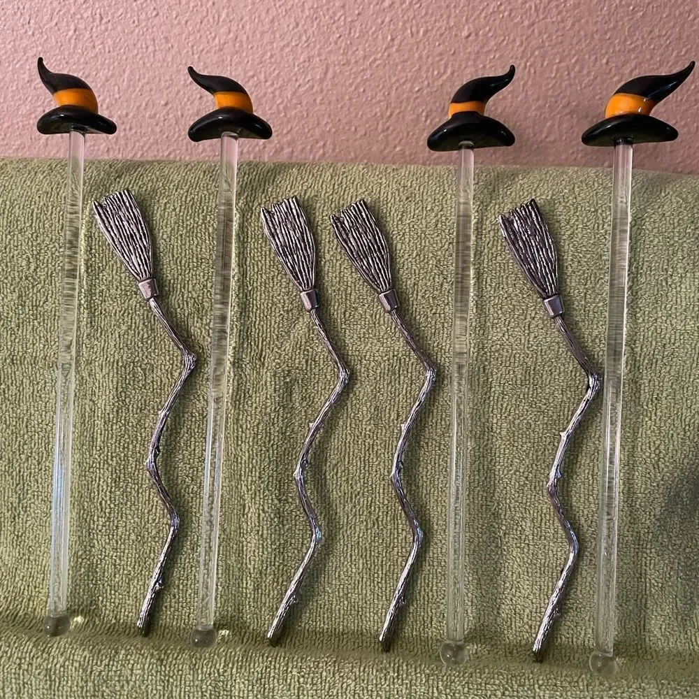 Blown Glass Witch Hat Stir Sticks Metal Broom Stir Sticks lot of 8!